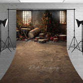 Aperturee - Aperturee Vintage Christmas Toy Room Sweep Photo Backdrop Rustic Workshop with Drums and Gifts Holiday Studio Photo Prop